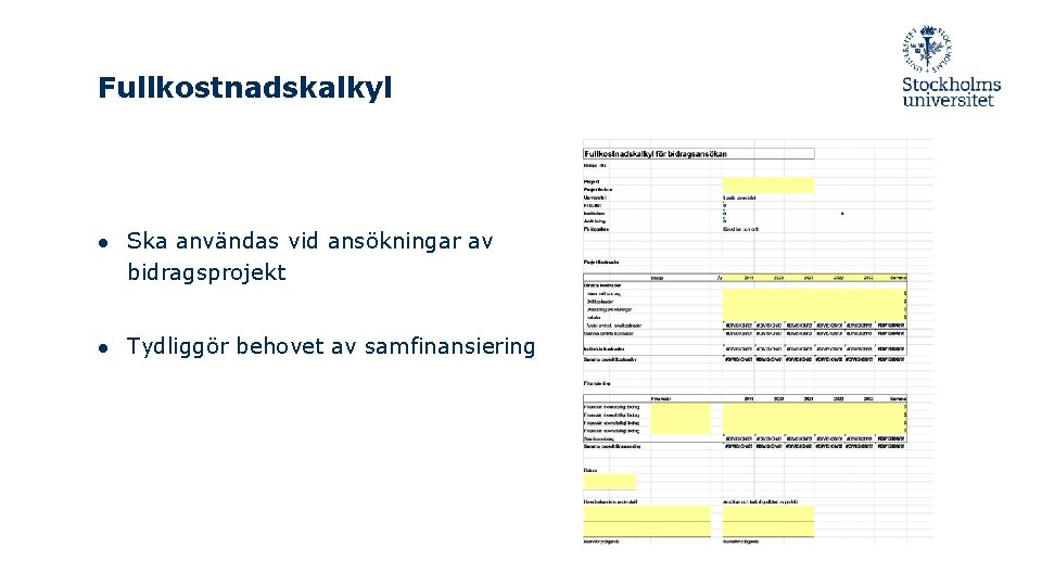 Fullkostnadskalkyl ● Ska användas vid ansökningar av bidragsprojekt ● Tydliggör behovet av samfinansiering 