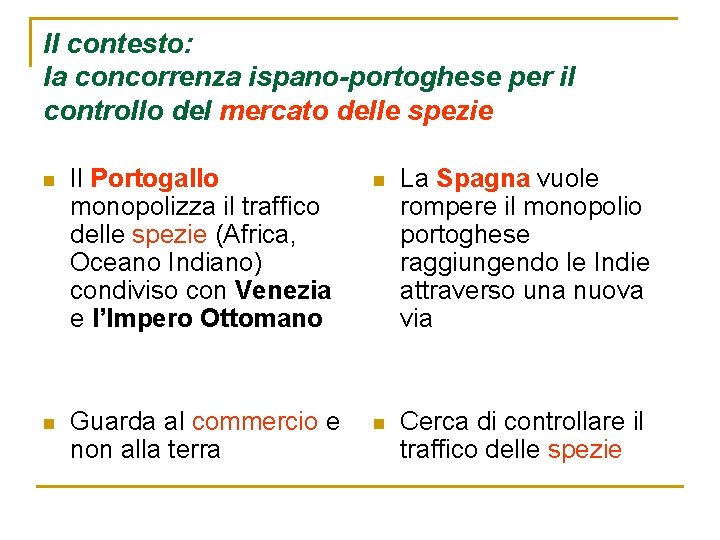 Il contesto: la concorrenza ispano-portoghese per il controllo del mercato delle spezie n Il Il contesto: la concorrenza ispano-portoghese per il controllo del mercato delle spezie n Il