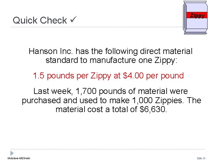 Quick Check Zippy Hanson Inc. has the following direct material standard to manufacture one Quick Check Zippy Hanson Inc. has the following direct material standard to manufacture one