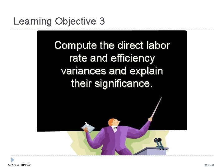 Learning Objective 3 Compute the direct labor rate and efficiency variances and explain their Learning Objective 3 Compute the direct labor rate and efficiency variances and explain their