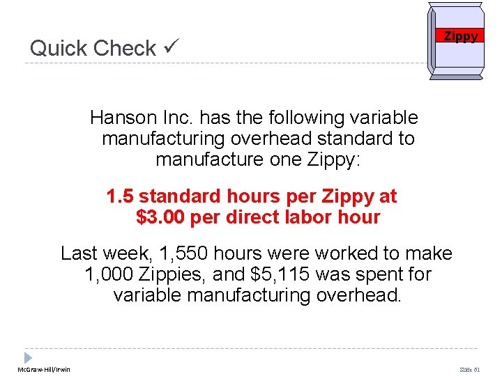 Quick Check Zippy Hanson Inc. has the following variable manufacturing overhead standard to manufacture Quick Check Zippy Hanson Inc. has the following variable manufacturing overhead standard to manufacture