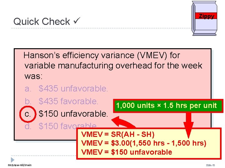 Quick Check Zippy Hanson’s efficiency variance (VMEV) for variable manufacturing overhead for the week Quick Check Zippy Hanson’s efficiency variance (VMEV) for variable manufacturing overhead for the week