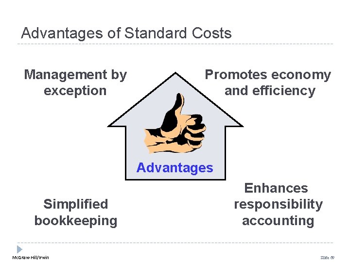 Advantages of Standard Costs Management by exception Promotes economy and efficiency Advantages Simplified bookkeeping Advantages of Standard Costs Management by exception Promotes economy and efficiency Advantages Simplified bookkeeping