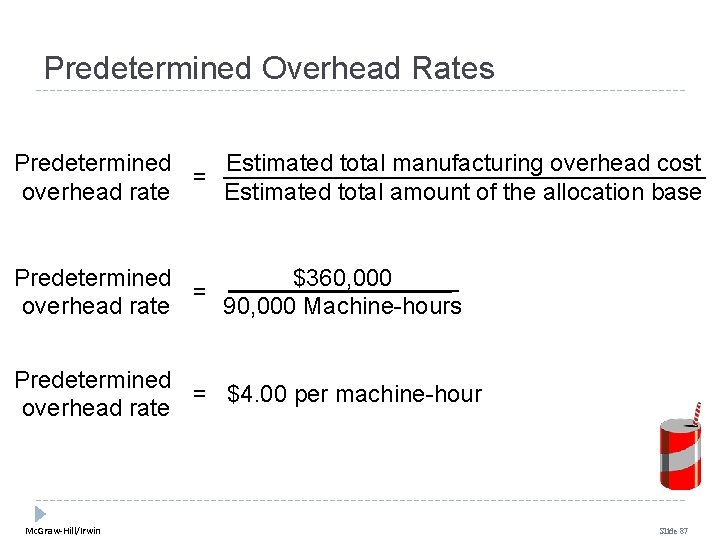 Predetermined Overhead Rates Predetermined Estimated total manufacturing overhead cost = overhead rate Estimated total Predetermined Overhead Rates Predetermined Estimated total manufacturing overhead cost = overhead rate Estimated total
