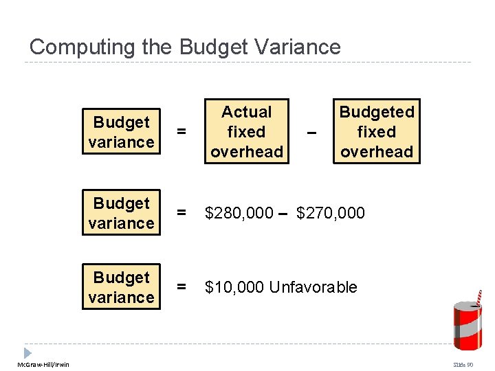 Computing the Budget Variance Mc. Graw-Hill/Irwin Actual fixed overhead Budgeted fixed overhead Budget variance Computing the Budget Variance Mc. Graw-Hill/Irwin Actual fixed overhead Budgeted fixed overhead Budget variance