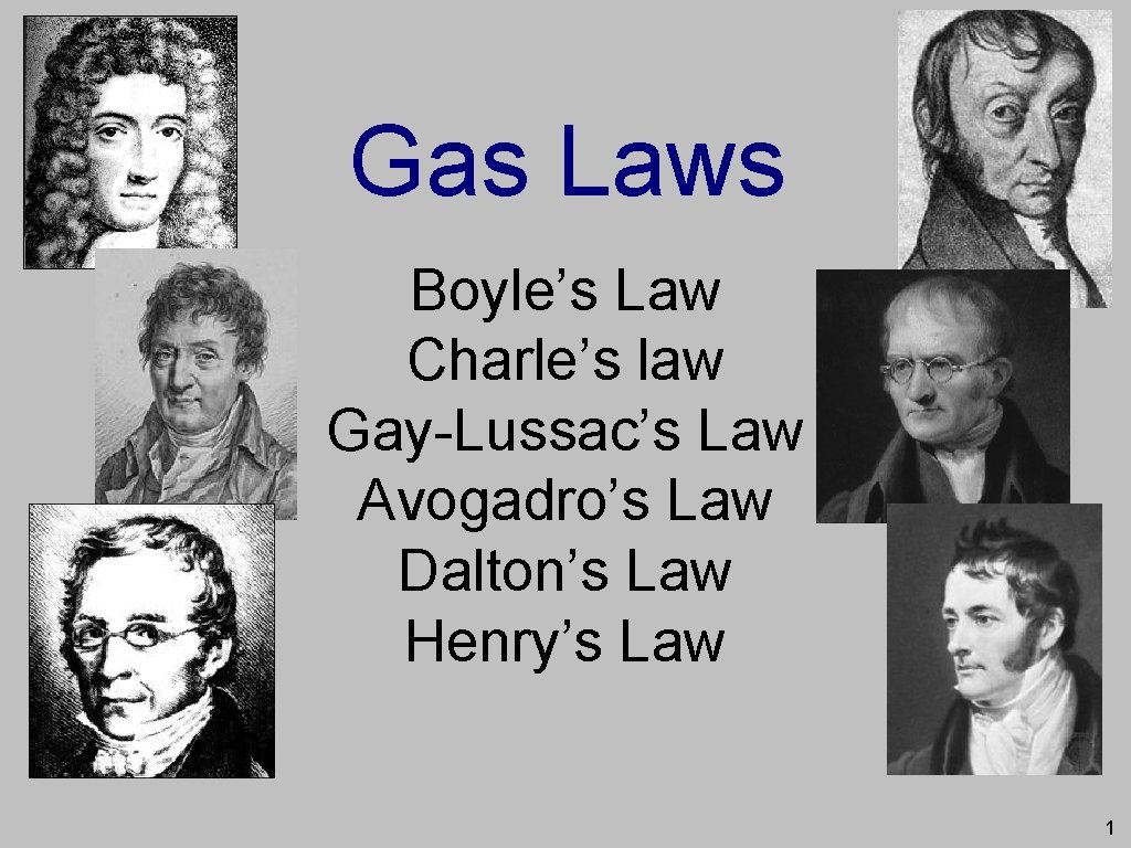Gas Laws Boyle’s Law Charle’s law Gay-Lussac’s Law Avogadro’s Law Dalton’s Law Henry’s Law