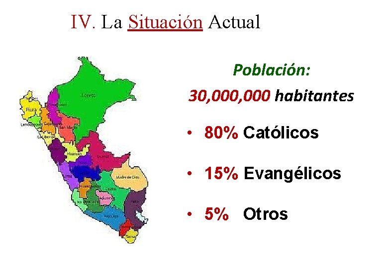 IV. La Situación Actual Población: 30, 000 habitantes • 80% Católicos • 15% Evangélicos IV. La Situación Actual Población: 30, 000 habitantes • 80% Católicos • 15% Evangélicos