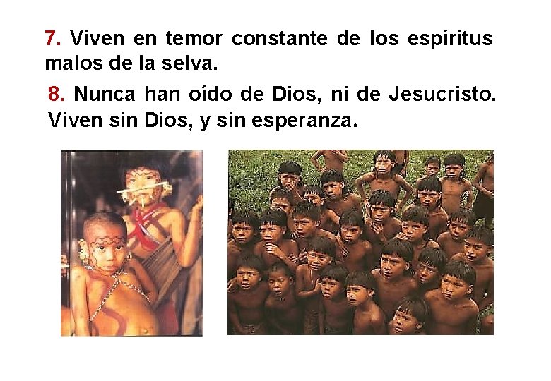 7. Viven en temor constante de los espíritus malos de la selva. 8. Nunca 7. Viven en temor constante de los espíritus malos de la selva. 8. Nunca