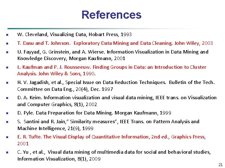 References n W. Cleveland, Visualizing Data, Hobart Press, 1993 n T. Dasu and T.