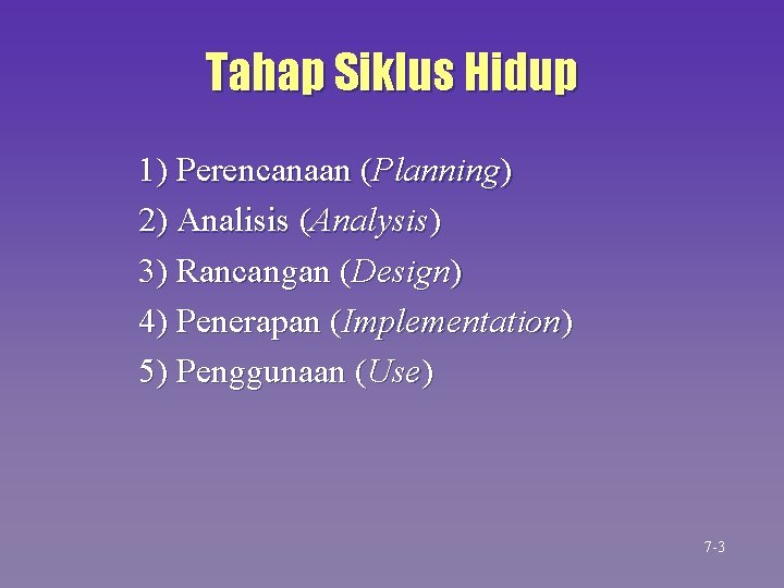Tahap Siklus Hidup 1) Perencanaan (Planning) 2) Analisis (Analysis) 3) Rancangan (Design) 4) Penerapan Tahap Siklus Hidup 1) Perencanaan (Planning) 2) Analisis (Analysis) 3) Rancangan (Design) 4) Penerapan