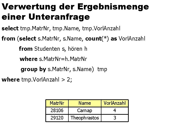 Verwertung der Ergebnismenge einer Unteranfrage select tmp. Matr. Nr, tmp. Name, tmp. Vorl. Anzahl