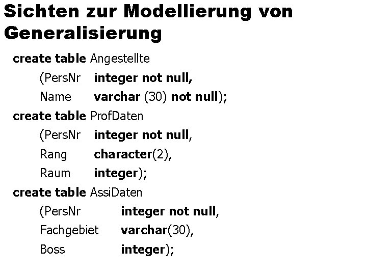 Sichten zur Modellierung von Generalisierung create table Angestellte (Pers. Nr integer not null, Name