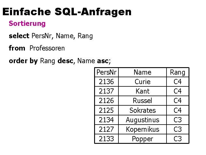 Einfache SQL-Anfragen Sortierung select Pers. Nr, Name, Rang from Professoren order by Rang desc,