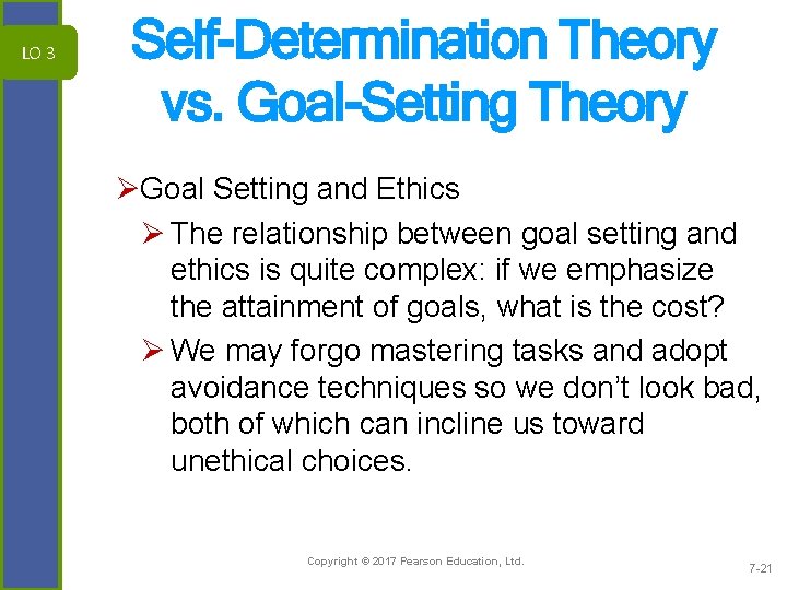 LO 3 Self-Determination Theory vs. Goal-Setting Theory ØGoal Setting and Ethics Ø The relationship