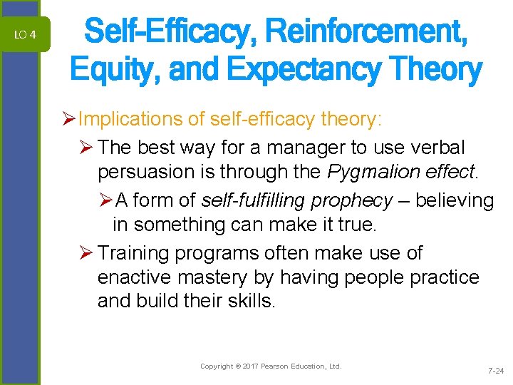 LO 4 Self-Efficacy, Reinforcement, Equity, and Expectancy Theory ØImplications of self-efficacy theory: Ø The