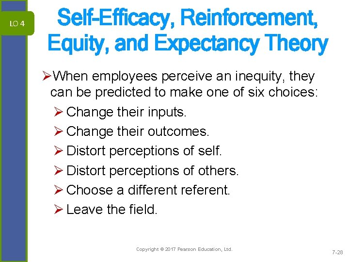 LO 4 Self-Efficacy, Reinforcement, Equity, and Expectancy Theory ØWhen employees perceive an inequity, they