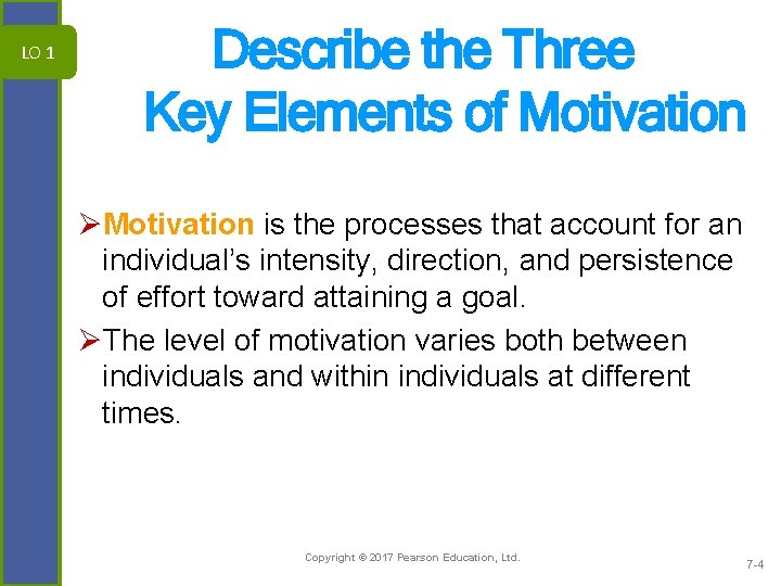 LO 1 Describe the Three Key Elements of Motivation ØMotivation is the processes that