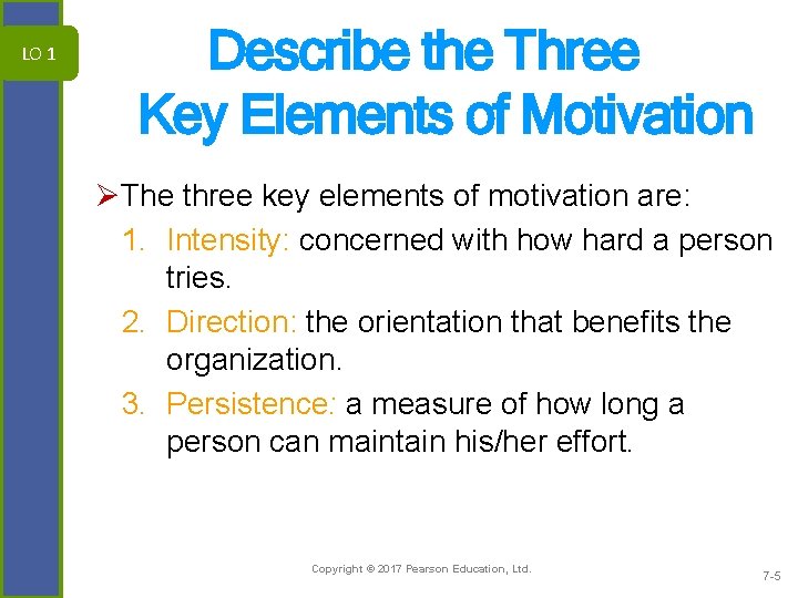 LO 1 Describe the Three Key Elements of Motivation ØThe three key elements of