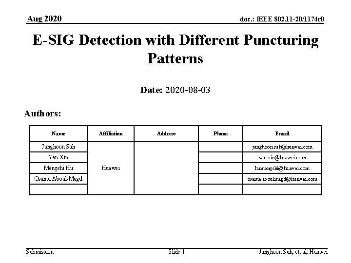 Aug 2020 doc. : IEEE 802. 11 -20/1174 r 0 E-SIG Detection with Different