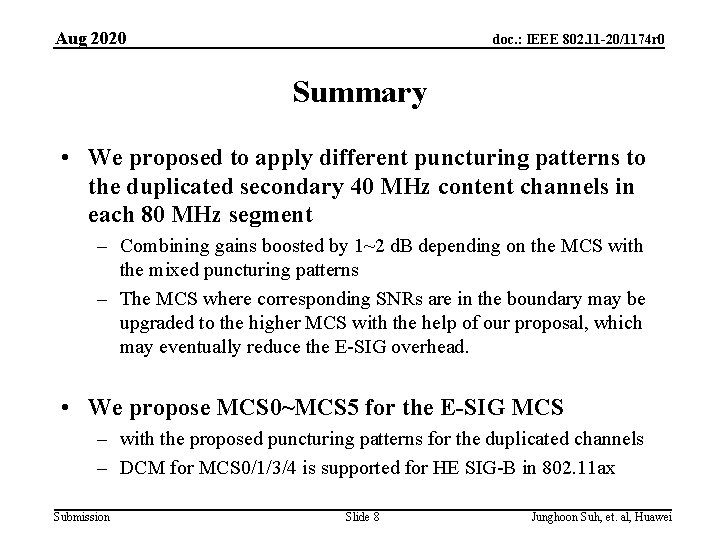 Aug 2020 doc. : IEEE 802. 11 -20/1174 r 0 Summary • We proposed