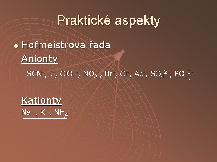 Praktické aspekty u Hofmeistrova řada Anionty SCN-, J-, Cl. O 4 -, NO 3