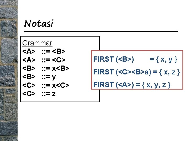 Notasi Grammar <A> : : = <B> <A> : : = <C> <B> :