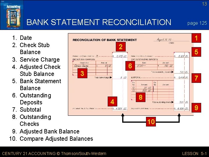 13 BANK STATEMENT RECONCILIATION 1. Date 2. Check Stub Balance 3. Service Charge 4.