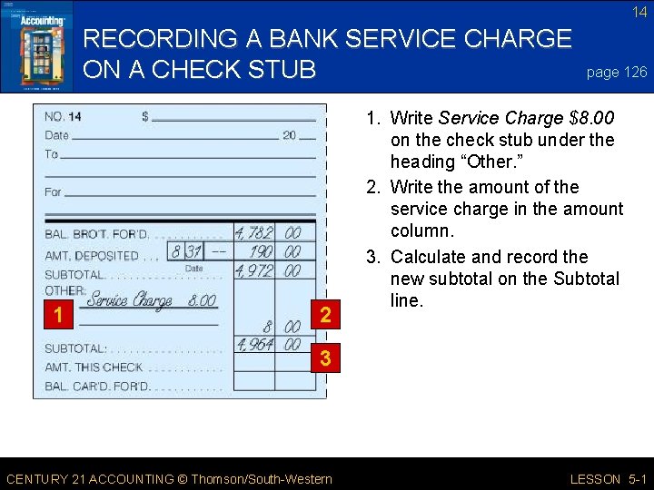 14 RECORDING A BANK SERVICE CHARGE ON A CHECK STUB 1 2 page 126