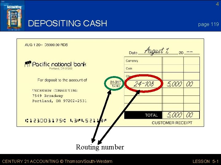 4 DEPOSITING CASH page 119 Routing number CENTURY 21 ACCOUNTING © Thomson/South-Western LESSON 5