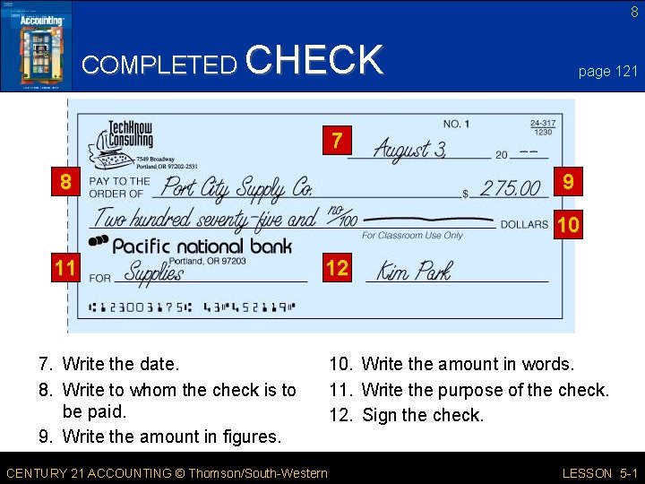 8 COMPLETED CHECK page 121 7 8 9 10 11 12 7. Write the