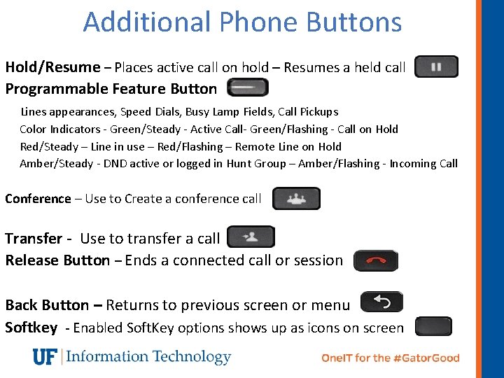 Additional Phone Buttons Hold/Resume – Places active call on hold – Resumes a held