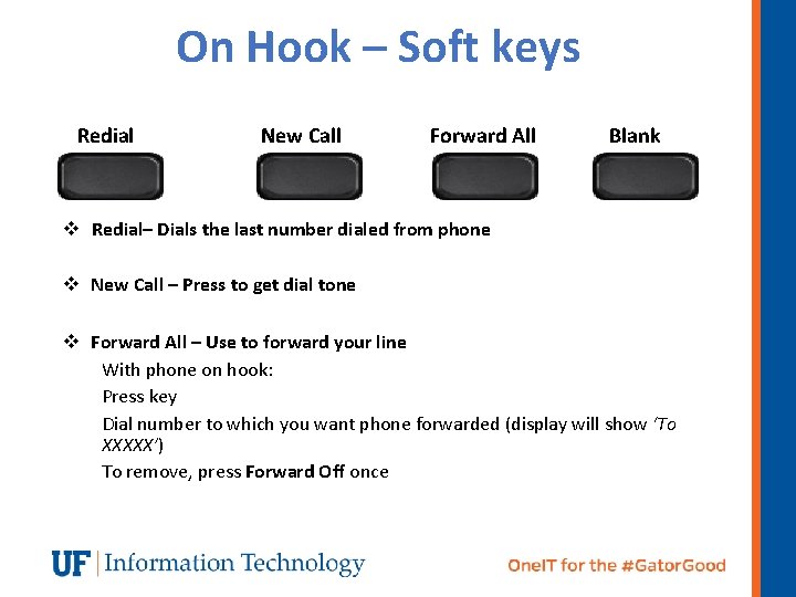 On Hook – Soft keys Redial New Call Forward All Blank v Redial– Dials