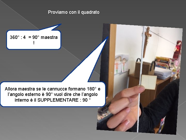 Proviamo con il quadrato 360° : 4 = 90° maestra ! Allora maestra se