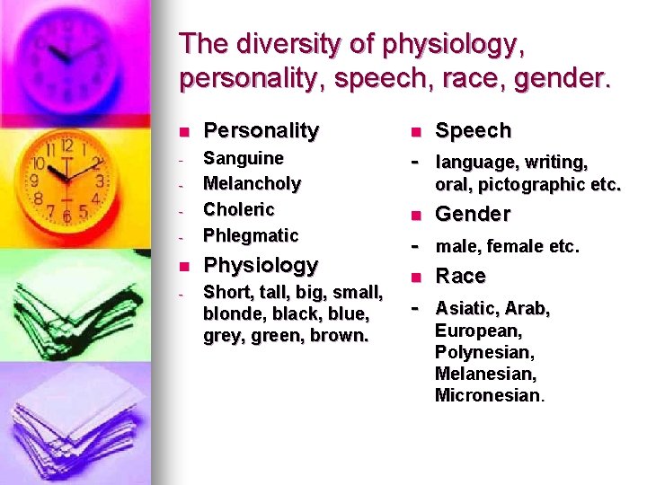 The diversity of physiology, personality, speech, race, gender. n Personality n - - language,