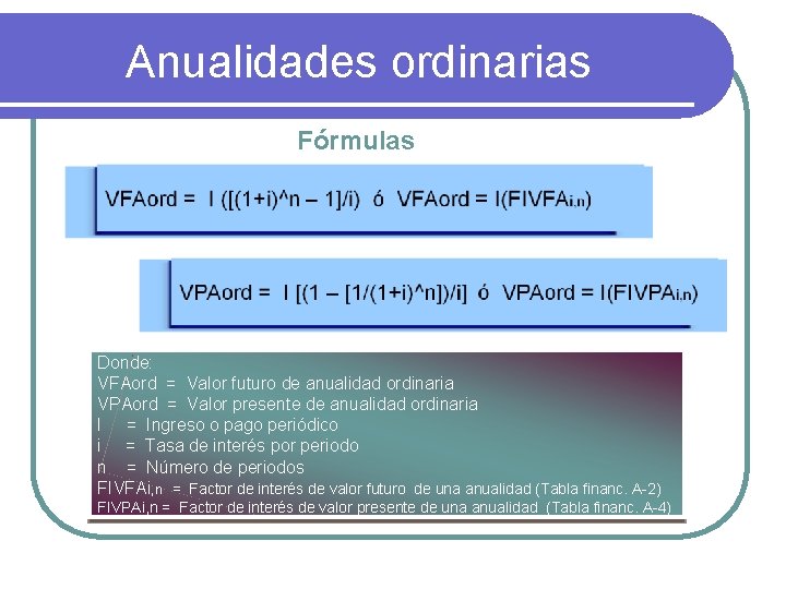 Anualidades ordinarias Fórmulas Donde: VFAord = Valor futuro de anualidad ordinaria VPAord = Valor