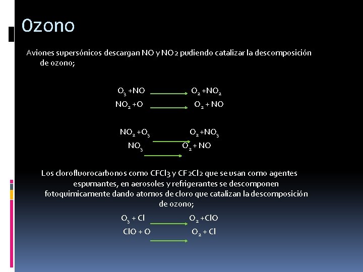 Ozono Aviones supersónicos descargan NO y NO 2 pudiendo catalizar la descomposición de ozono; Ozono Aviones supersónicos descargan NO y NO 2 pudiendo catalizar la descomposición de ozono;