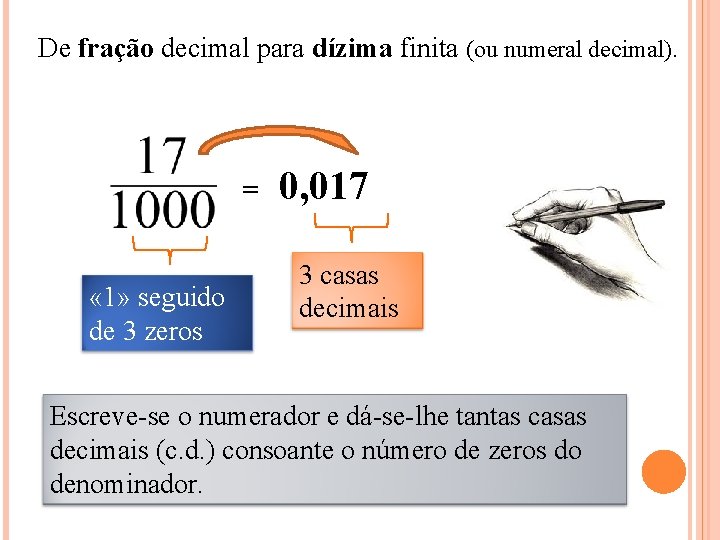 De fração decimal para dízima finita (ou numeral decimal). = « 1» seguido de
