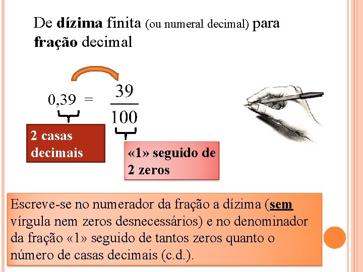 De dízima finita (ou numeral decimal) para fração decimal 0, 39 = 2 casas