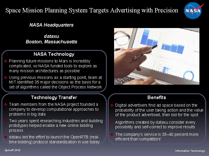 Space Mission Planning System Targets Advertising with Precision NASA Headquarters dataxu Boston, Massachusetts NASA Space Mission Planning System Targets Advertising with Precision NASA Headquarters dataxu Boston, Massachusetts NASA