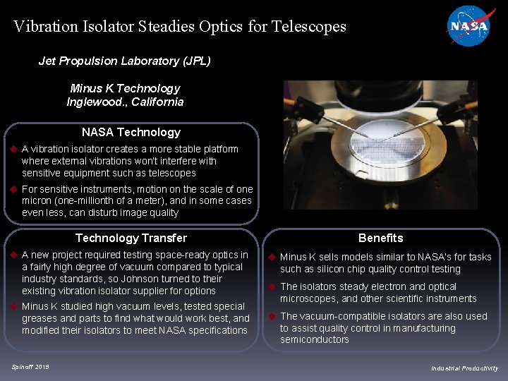 Vibration Isolator Steadies Optics for Telescopes Jet Propulsion Laboratory (JPL) Minus K Technology Inglewood. Vibration Isolator Steadies Optics for Telescopes Jet Propulsion Laboratory (JPL) Minus K Technology Inglewood.