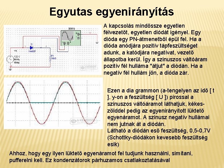  Egyutas egyenirányítás A kapcsolás mindössze egyetlen félvezetőt, egyetlen diódát igényel. Egy dióda egy