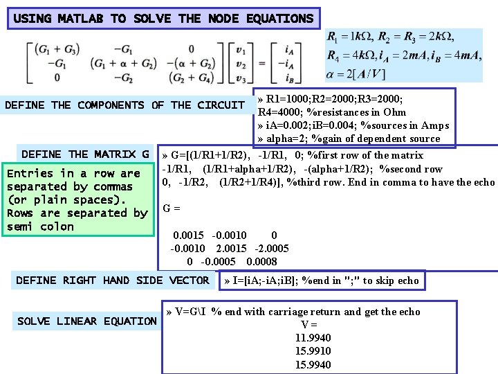 USING MATLAB TO SOLVE THE NODE EQUATIONS DEFINE THE COMPONENTS OF THE CIRCUIT DEFINE