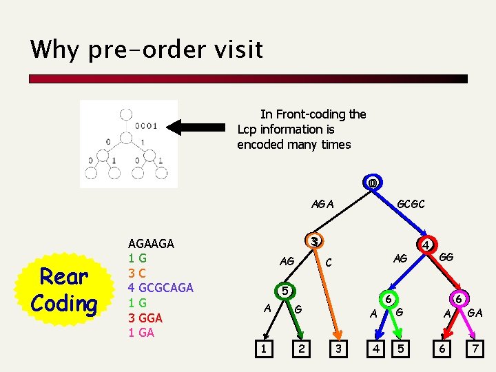 Why pre-order visit In Front-coding the Lcp information is encoded many times 00 AGA