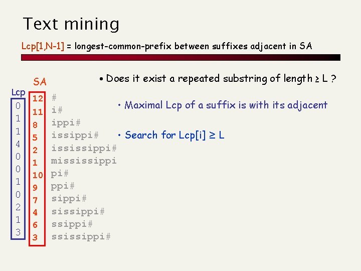 Text mining Lcp[1, N-1] = longest-common-prefix between suffixes adjacent in SA Lcp 0 1