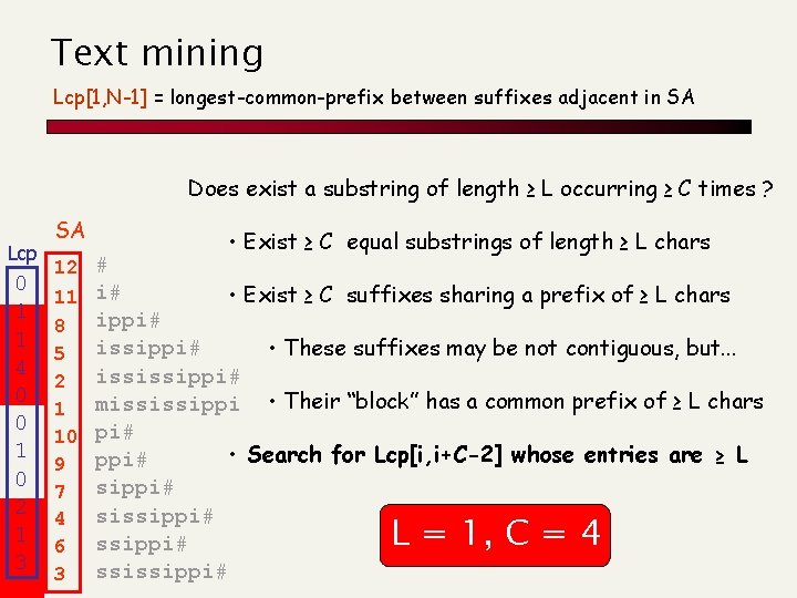 Text mining Lcp[1, N-1] = longest-common-prefix between suffixes adjacent in SA Does exist a