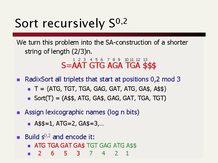 Sort recursively S 0, 2 We turn this problem into the SA-construction of a