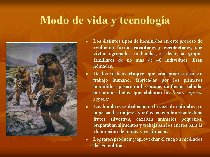 Modo de vida y tecnología n n Los distintos tipos de homínidos en este