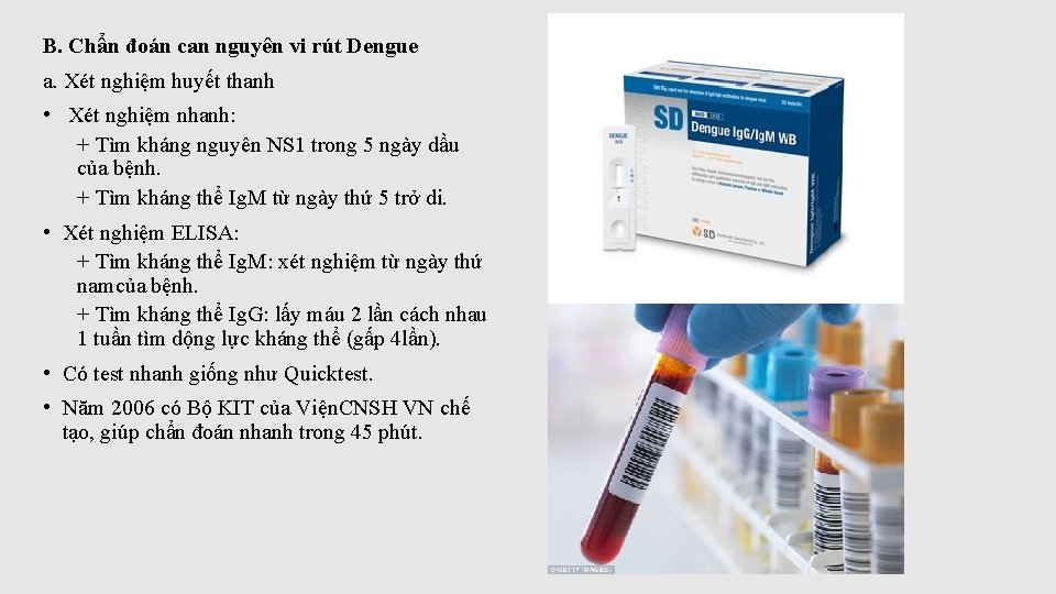 B. Chẩn đoán can nguyên vi rút Dengue a. Xét nghiệm huyết thanh •