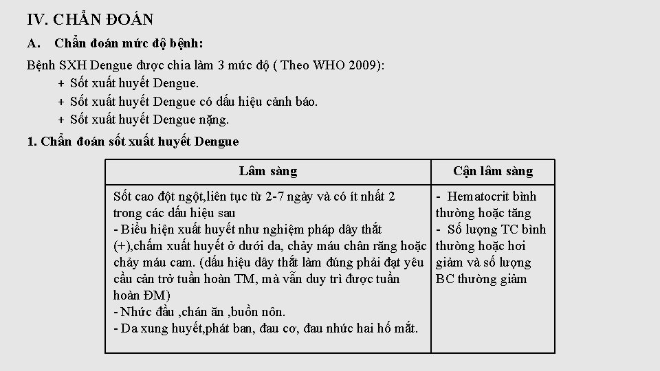 IV. CHẨN ĐOÁN A. Chẩn đoán mức độ bệnh: Bệnh SXH Dengue được chia