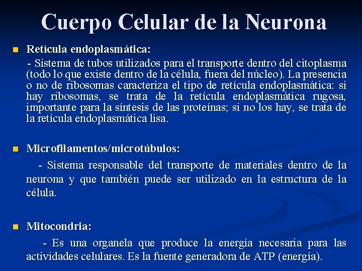 Cuerpo Celular de la Neurona n Retícula endoplasmática: - Sistema de tubos utilizados para